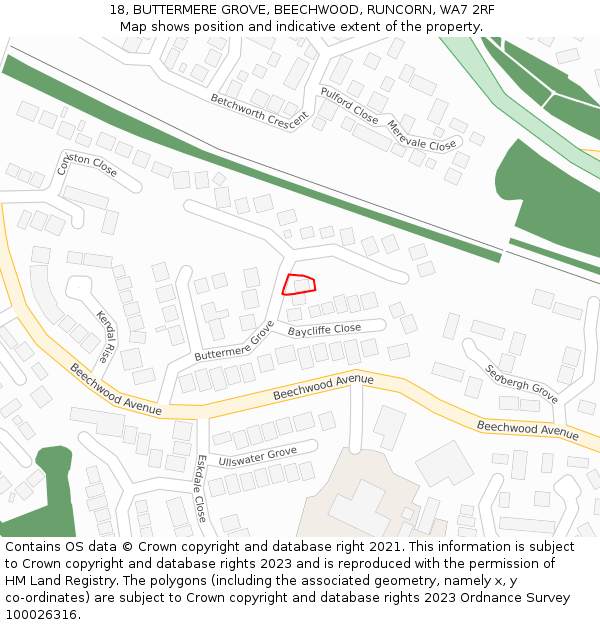 18, BUTTERMERE GROVE, BEECHWOOD, RUNCORN, WA7 2RF: Location map and indicative extent of plot