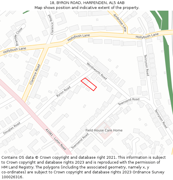 18, BYRON ROAD, HARPENDEN, AL5 4AB: Location map and indicative extent of plot