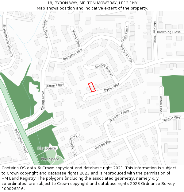 18, BYRON WAY, MELTON MOWBRAY, LE13 1NY: Location map and indicative extent of plot