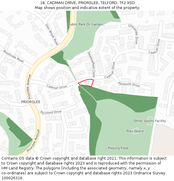 18, CADMAN DRIVE, PRIORSLEE, TELFORD, TF2 9SD: Location map and indicative extent of plot