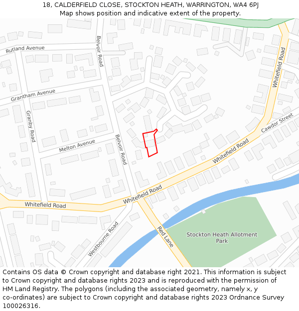 18, CALDERFIELD CLOSE, STOCKTON HEATH, WARRINGTON, WA4 6PJ: Location map and indicative extent of plot