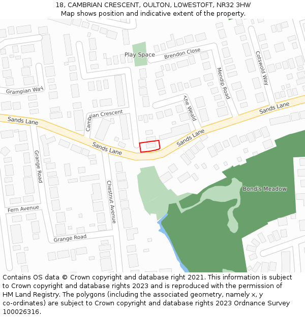 18, CAMBRIAN CRESCENT, OULTON, LOWESTOFT, NR32 3HW: Location map and indicative extent of plot