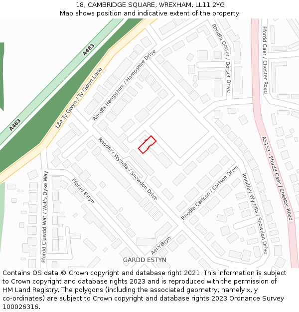 18, CAMBRIDGE SQUARE, WREXHAM, LL11 2YG: Location map and indicative extent of plot