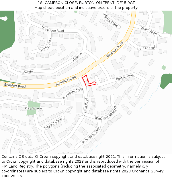 18, CAMERON CLOSE, BURTON-ON-TRENT, DE15 9GT: Location map and indicative extent of plot