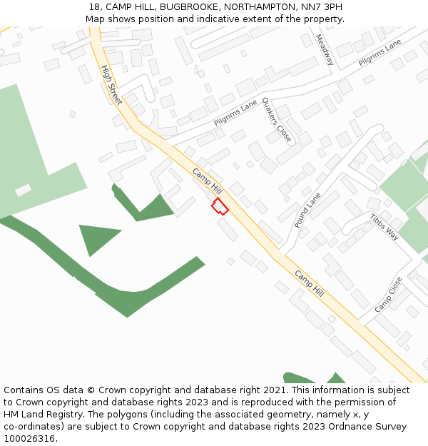 18, CAMP HILL, BUGBROOKE, NORTHAMPTON, NN7 3PH: Location map and indicative extent of plot