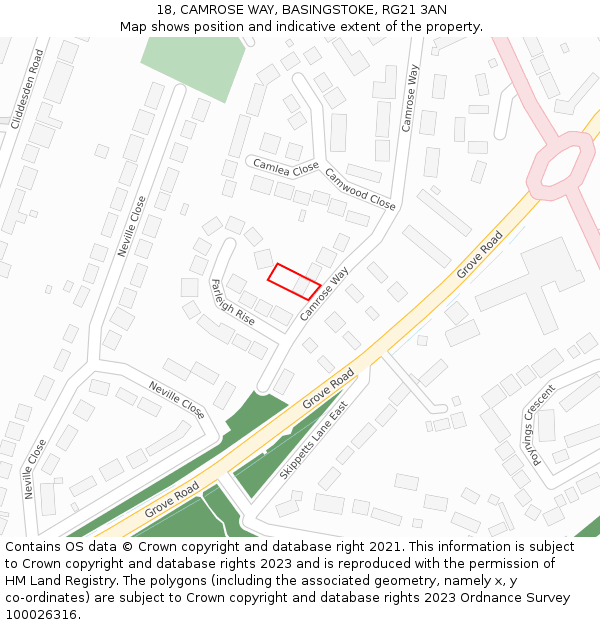 18, CAMROSE WAY, BASINGSTOKE, RG21 3AN: Location map and indicative extent of plot