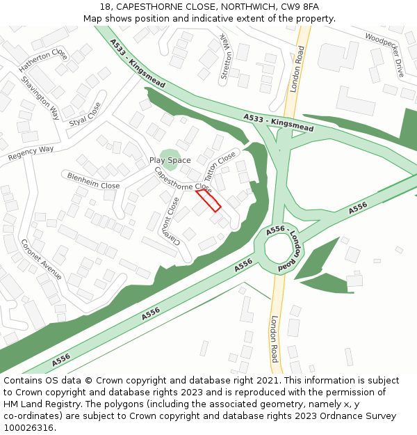 18, CAPESTHORNE CLOSE, NORTHWICH, CW9 8FA: Location map and indicative extent of plot