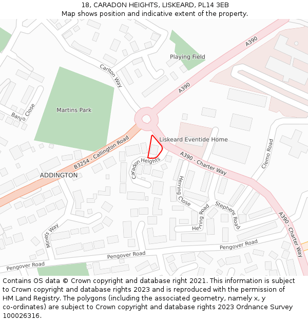 18, CARADON HEIGHTS, LISKEARD, PL14 3EB: Location map and indicative extent of plot