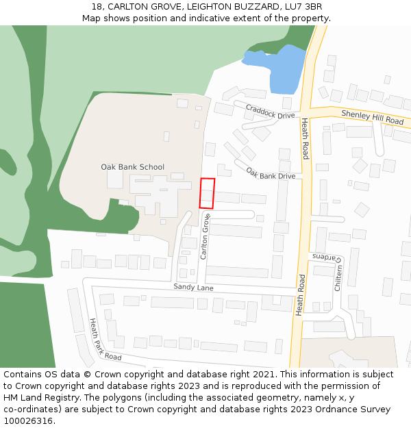 18, CARLTON GROVE, LEIGHTON BUZZARD, LU7 3BR: Location map and indicative extent of plot