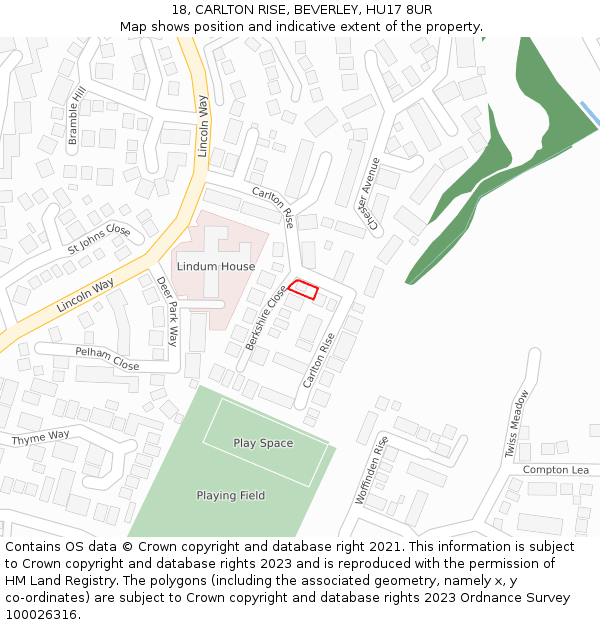 18, CARLTON RISE, BEVERLEY, HU17 8UR: Location map and indicative extent of plot