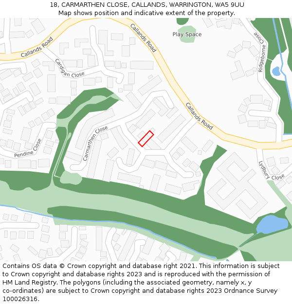 18, CARMARTHEN CLOSE, CALLANDS, WARRINGTON, WA5 9UU: Location map and indicative extent of plot