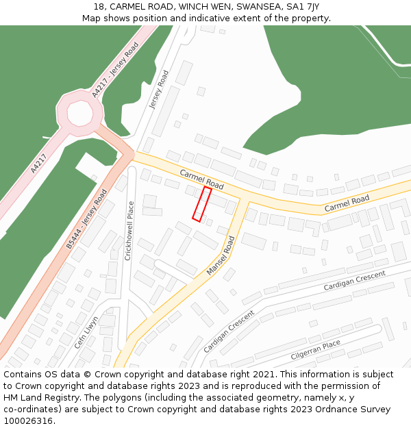 18, CARMEL ROAD, WINCH WEN, SWANSEA, SA1 7JY: Location map and indicative extent of plot