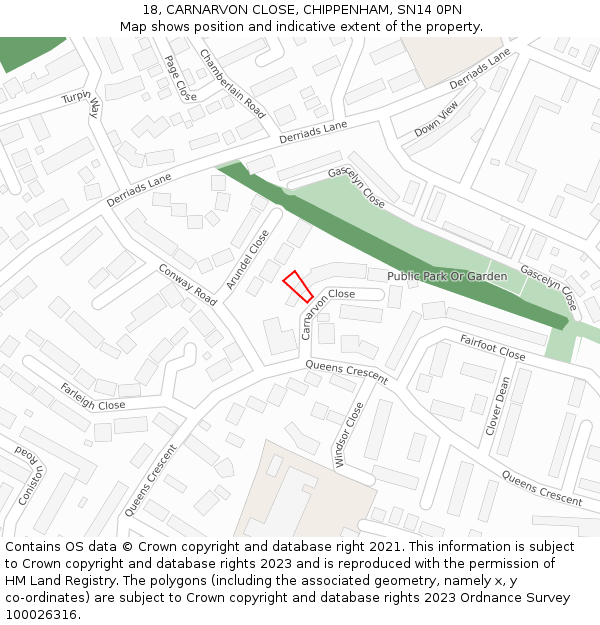 18, CARNARVON CLOSE, CHIPPENHAM, SN14 0PN: Location map and indicative extent of plot
