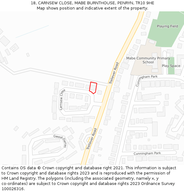 18, CARNSEW CLOSE, MABE BURNTHOUSE, PENRYN, TR10 9HE: Location map and indicative extent of plot