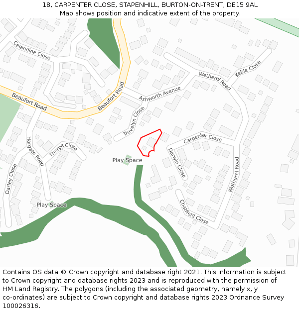 18, CARPENTER CLOSE, STAPENHILL, BURTON-ON-TRENT, DE15 9AL: Location map and indicative extent of plot