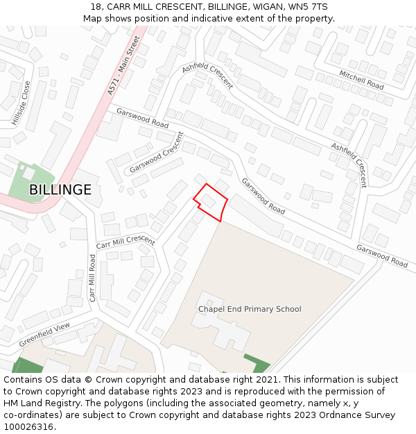 18, CARR MILL CRESCENT, BILLINGE, WIGAN, WN5 7TS: Location map and indicative extent of plot