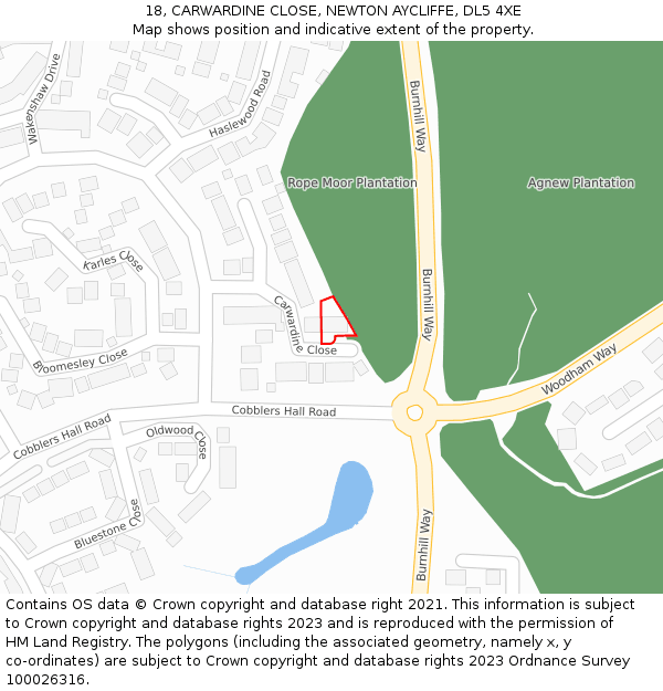 18, CARWARDINE CLOSE, NEWTON AYCLIFFE, DL5 4XE: Location map and indicative extent of plot