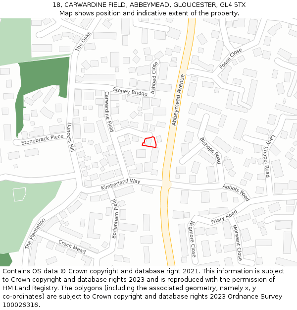 18, CARWARDINE FIELD, ABBEYMEAD, GLOUCESTER, GL4 5TX: Location map and indicative extent of plot