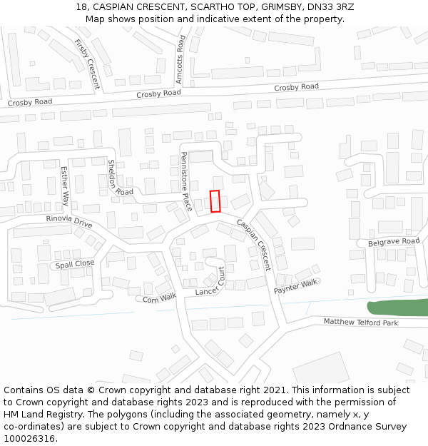 18, CASPIAN CRESCENT, SCARTHO TOP, GRIMSBY, DN33 3RZ: Location map and indicative extent of plot