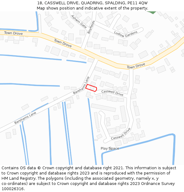 18, CASSWELL DRIVE, QUADRING, SPALDING, PE11 4QW: Location map and indicative extent of plot