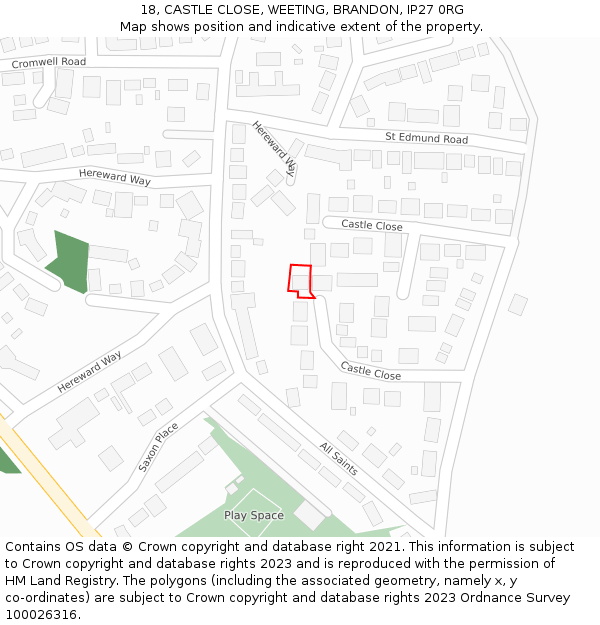 18, CASTLE CLOSE, WEETING, BRANDON, IP27 0RG: Location map and indicative extent of plot
