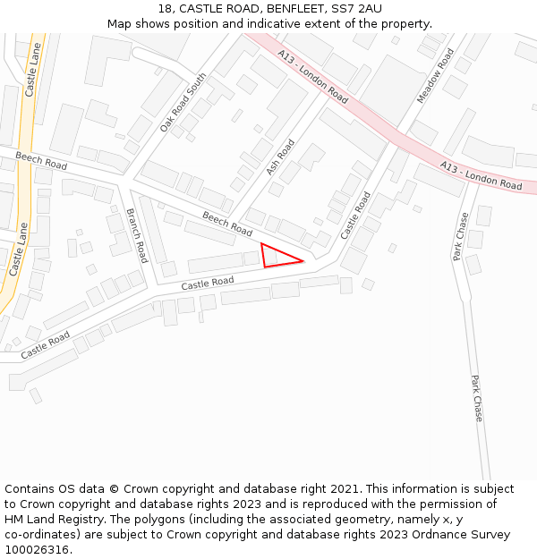 18, CASTLE ROAD, BENFLEET, SS7 2AU: Location map and indicative extent of plot