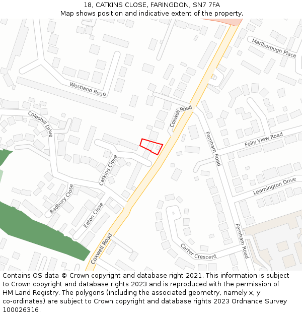 18, CATKINS CLOSE, FARINGDON, SN7 7FA: Location map and indicative extent of plot