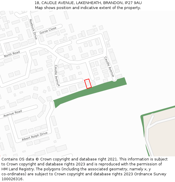 18, CAUDLE AVENUE, LAKENHEATH, BRANDON, IP27 9AU: Location map and indicative extent of plot