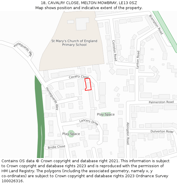 18, CAVALRY CLOSE, MELTON MOWBRAY, LE13 0SZ: Location map and indicative extent of plot