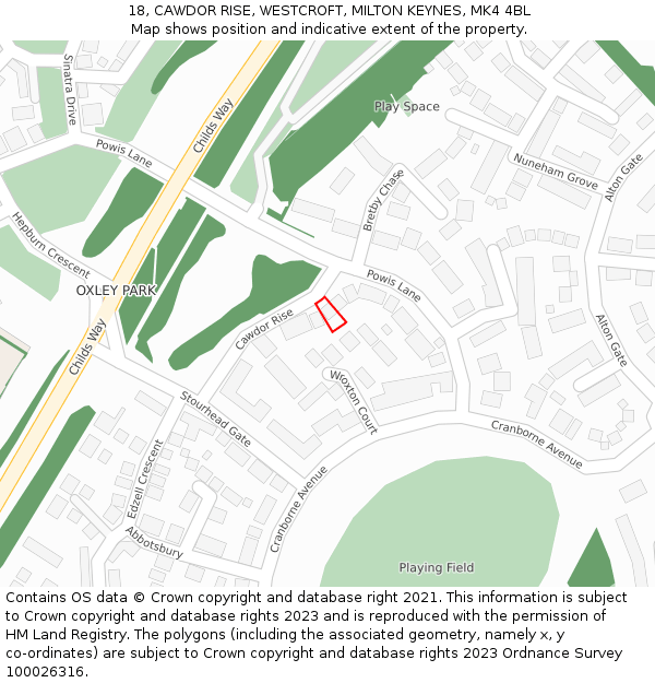 18, CAWDOR RISE, WESTCROFT, MILTON KEYNES, MK4 4BL: Location map and indicative extent of plot