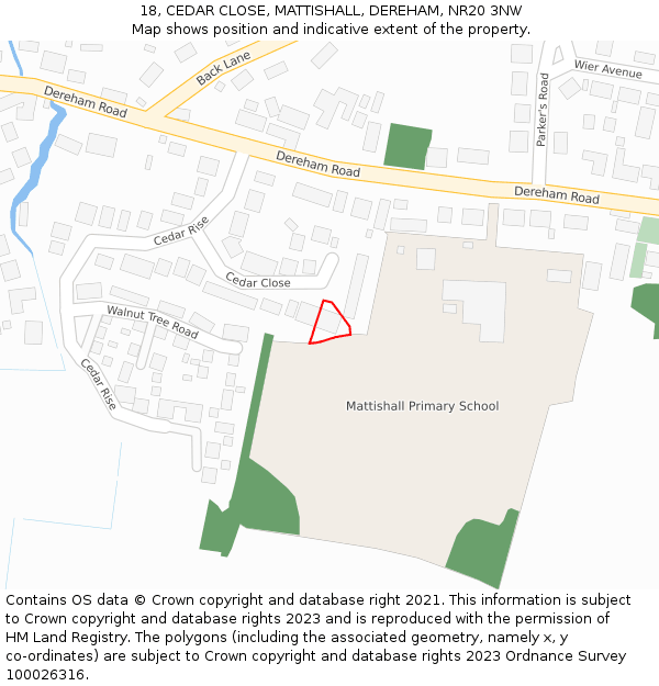 18, CEDAR CLOSE, MATTISHALL, DEREHAM, NR20 3NW: Location map and indicative extent of plot