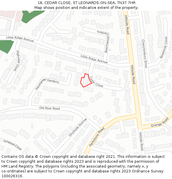 18, CEDAR CLOSE, ST LEONARDS-ON-SEA, TN37 7HR: Location map and indicative extent of plot