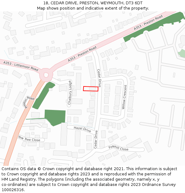 18, CEDAR DRIVE, PRESTON, WEYMOUTH, DT3 6DT: Location map and indicative extent of plot