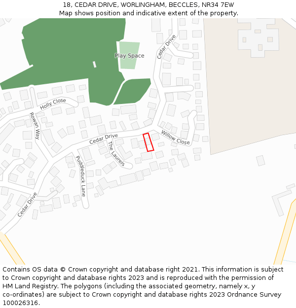 18, CEDAR DRIVE, WORLINGHAM, BECCLES, NR34 7EW: Location map and indicative extent of plot