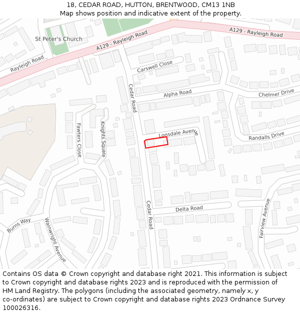 18, CEDAR ROAD, HUTTON, BRENTWOOD, CM13 1NB: Location map and indicative extent of plot