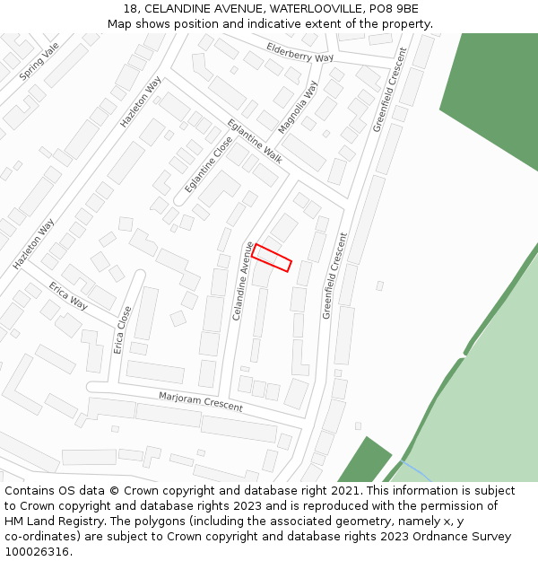 18, CELANDINE AVENUE, WATERLOOVILLE, PO8 9BE: Location map and indicative extent of plot