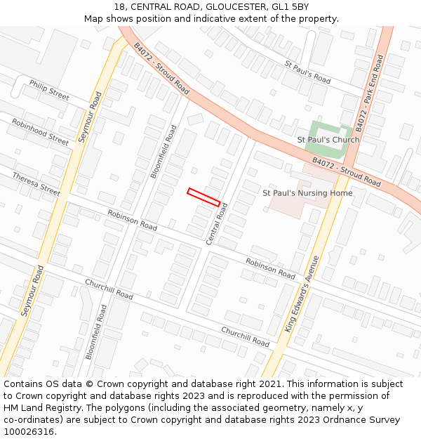 18, CENTRAL ROAD, GLOUCESTER, GL1 5BY: Location map and indicative extent of plot