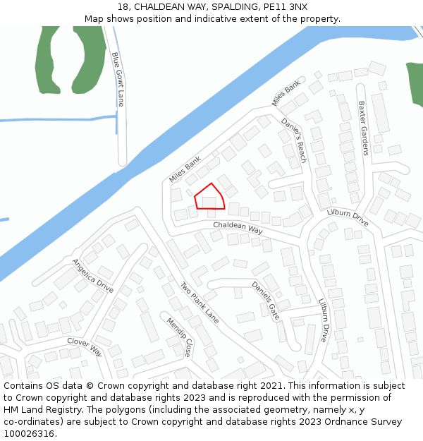 18, CHALDEAN WAY, SPALDING, PE11 3NX: Location map and indicative extent of plot
