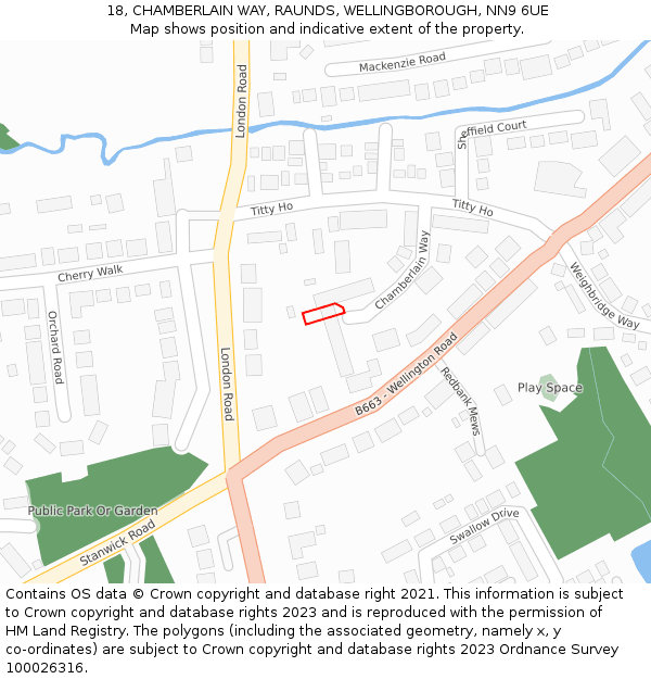 18, CHAMBERLAIN WAY, RAUNDS, WELLINGBOROUGH, NN9 6UE: Location map and indicative extent of plot