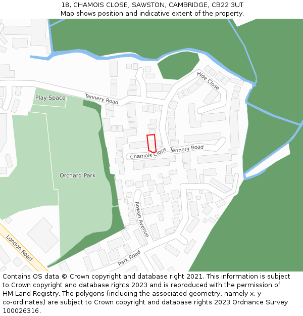 18, CHAMOIS CLOSE, SAWSTON, CAMBRIDGE, CB22 3UT: Location map and indicative extent of plot