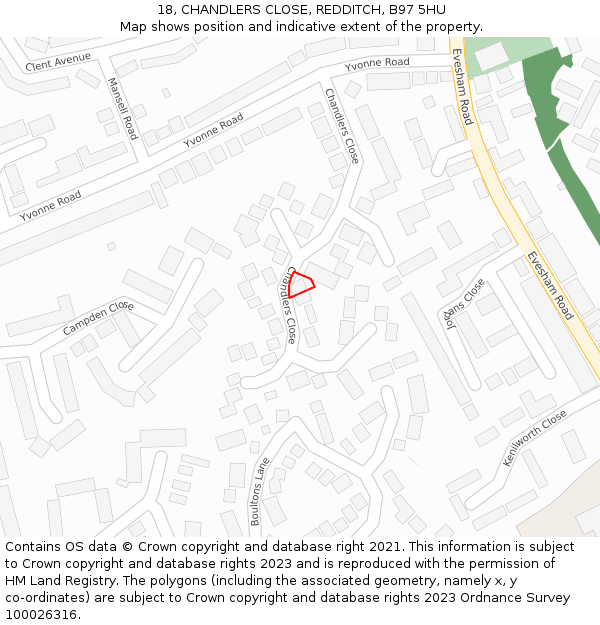 18, CHANDLERS CLOSE, REDDITCH, B97 5HU: Location map and indicative extent of plot