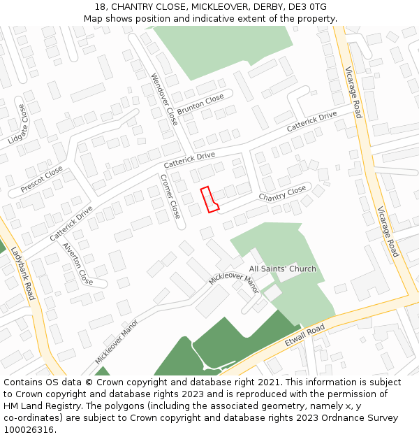 18, CHANTRY CLOSE, MICKLEOVER, DERBY, DE3 0TG: Location map and indicative extent of plot