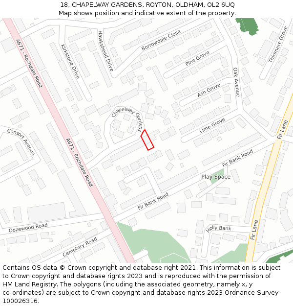 18, CHAPELWAY GARDENS, ROYTON, OLDHAM, OL2 6UQ: Location map and indicative extent of plot