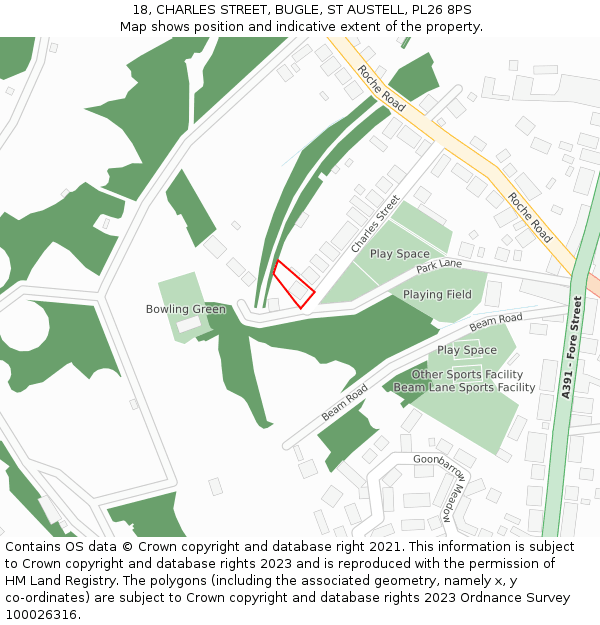 18, CHARLES STREET, BUGLE, ST AUSTELL, PL26 8PS: Location map and indicative extent of plot