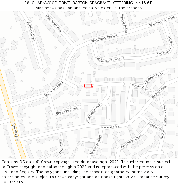 18, CHARNWOOD DRIVE, BARTON SEAGRAVE, KETTERING, NN15 6TU: Location map and indicative extent of plot