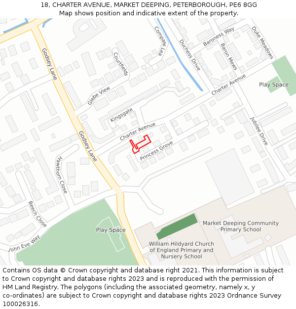 18, CHARTER AVENUE, MARKET DEEPING, PETERBOROUGH, PE6 8GG: Location map and indicative extent of plot