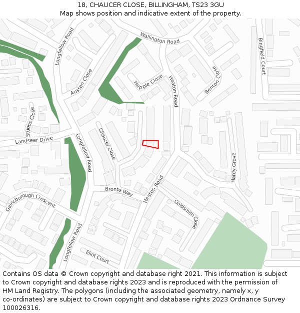 18, CHAUCER CLOSE, BILLINGHAM, TS23 3GU: Location map and indicative extent of plot