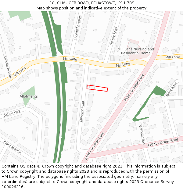 18, CHAUCER ROAD, FELIXSTOWE, IP11 7RS: Location map and indicative extent of plot