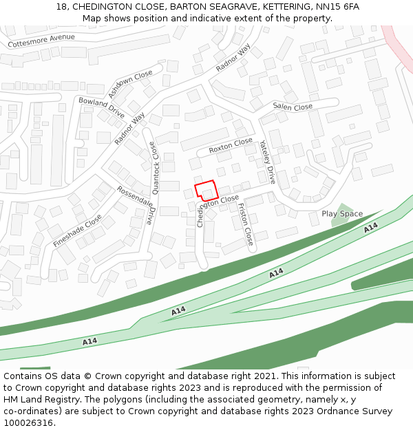 18, CHEDINGTON CLOSE, BARTON SEAGRAVE, KETTERING, NN15 6FA: Location map and indicative extent of plot