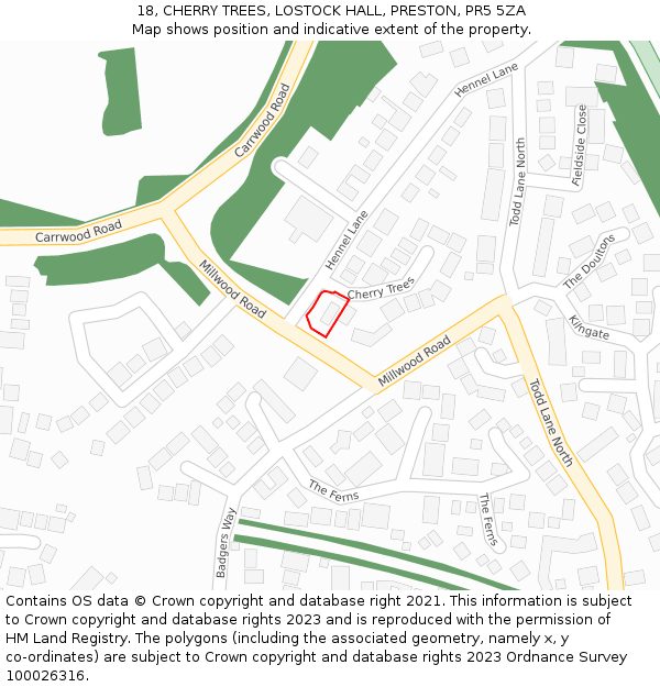 18, CHERRY TREES, LOSTOCK HALL, PRESTON, PR5 5ZA: Location map and indicative extent of plot